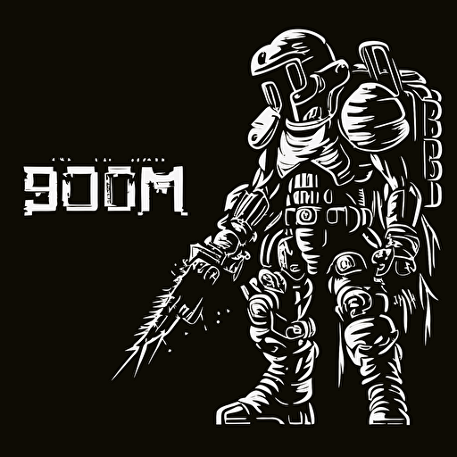 16bit DOOM shooter, white on black background, no shading, 2D, vector, 3:4