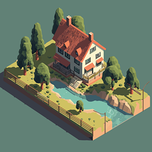 isometric vector art, house on a hill, forrest, road, long, small pool, spanish cottage
