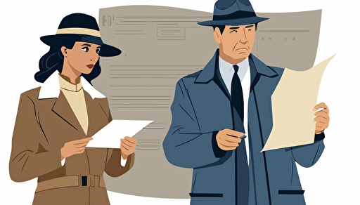 A women holding a piece of paper, showing it to a man dressed as a detective. flat style illustration for business ideas, flat design vector, industrial, light color pallet using a limited color pallet, high resolution, engineering/ construction and design, colored cartoon style, light indigo and light gold, cad( computer aided design) , white background