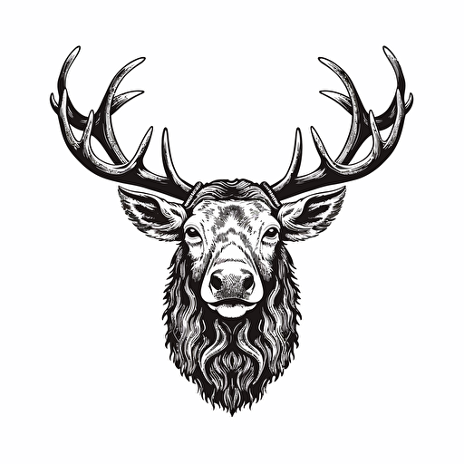 Elk with a beard, Black and white illustration, simple vector : : handdrawn style