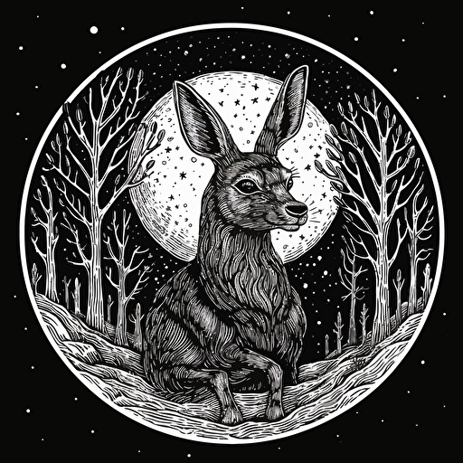 squirrel with elk antlers, black and white Illustration, simple vector, iconic ::woodcut style