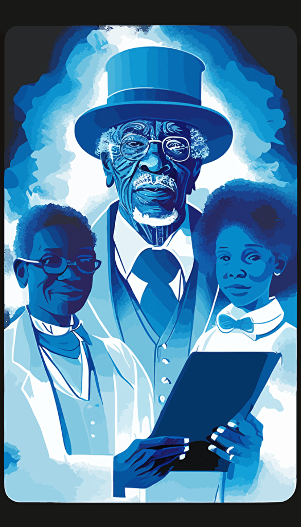 Elderly black man holding a tablet, smiling family behind him, abstract background, vector art, blue and white and dark gray, by Jean Giraud,