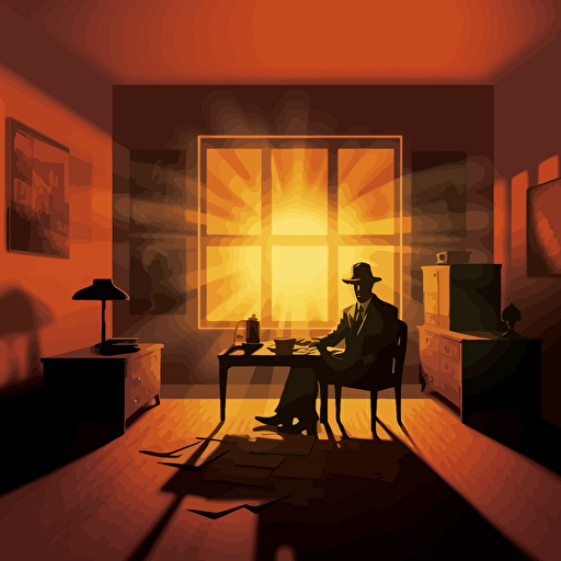 1940s private detective office, sunset, chiaroscuro lighting, vector