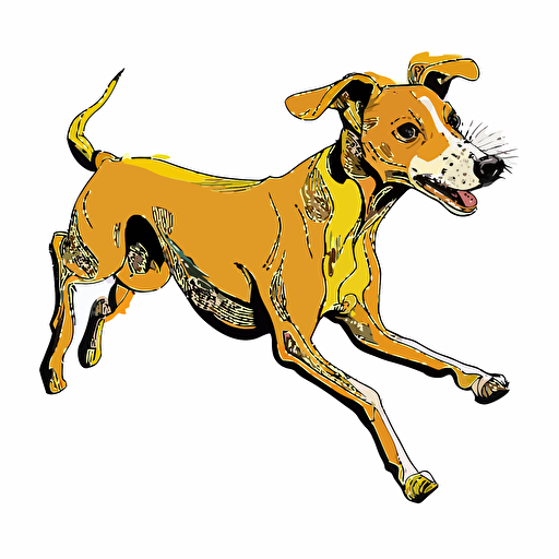 cartoon style, colorful. Image of Neka, the yellow greyhound with kind eyes, as vector with white background. She is jumping to the left