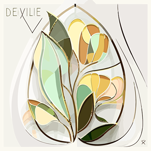 Stained glass petal art details for wedding booklet. asymmetric. Muted colors. Light green, gold, white. Minimalistic. Flat vector illustration. plain white background