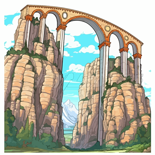 draw vector cartoon style on white background a colorfull high arches bridge with more columns over a deep rock valley