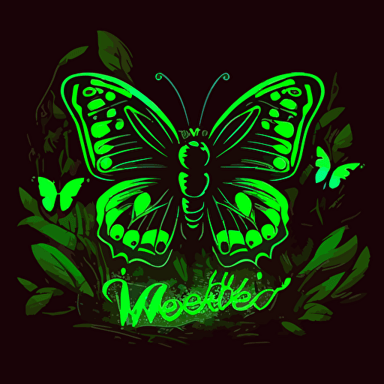 kids cartoon, greet butterfly, animated, neon green glowing, vector