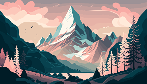 imagine a pretty, atmospheric Switzerland mountain landscape illustration, digital art, vector art, cute, pretty, shapes, Zermatt, , light pinks blues, and greens, by Schux_