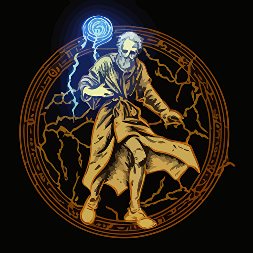 A_coin_emblem_logo_for_a_Old Mage with a lightning staff in an action pose, Above waist only, code style, color, vector