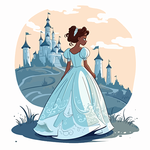Vector illustration full view image of a cute, adorable, beautiful little mix race girl princess, wearing a white and blue long gown in and she is searching throughout the castle for something she lost, in vivid colors, Disney Style