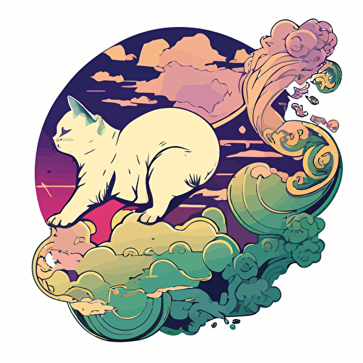 cat japanese style with flames gold coins clouds scifi vector detailed high definition white purple green blue yellow
