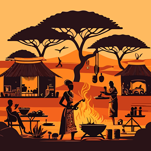 : Vector, African village scene with locals cooking and enjoying spicy dishes, African print style