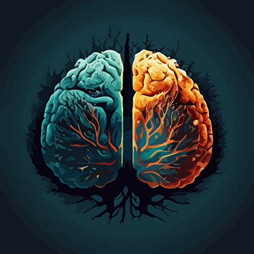 a brain in 2 halves, vector art, high resoultion, illustration.
