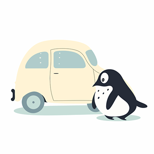 Vector date, w/b art, Fiat 500, emperor penguin, Cute style, white background,