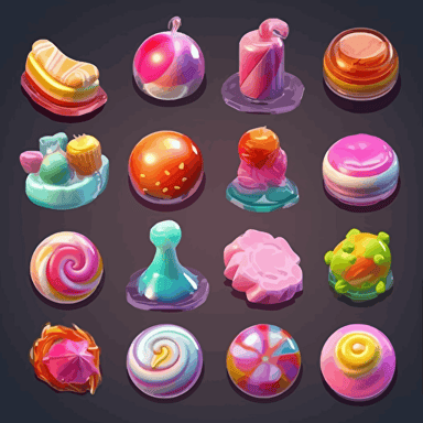 design me a set of 2d vector colorful candies for match 3 games, high quality and detail, octane render, artstation, behance