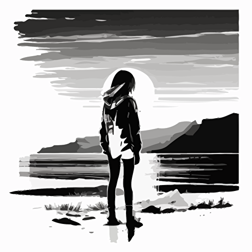 black and white, vector drawing, minimal design, illustrator, girl standing in beach looking sunset