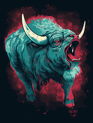 vector art of a Cape buffalo roaring, red, white and turquoise lighting, 300 dpi,