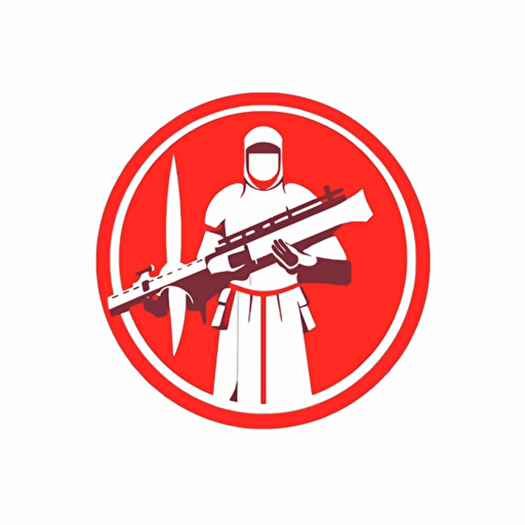 2d vector icon. crusaders with kalahnikov assault rifles searching for glory. arsenal fc logo color theme. minimalistic. simple. circle shape. white background.