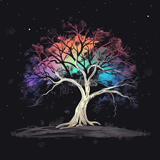 an old lonely tree on black background, pastel colors, 2d vector