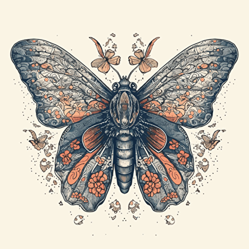 a beautiful moth with a surrounding floral design in detailed drawing style + simple vector + bright colors on a white background