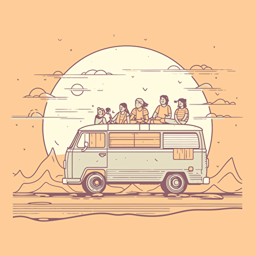 simple line illustration of a family travelling in a campervan, vector art style