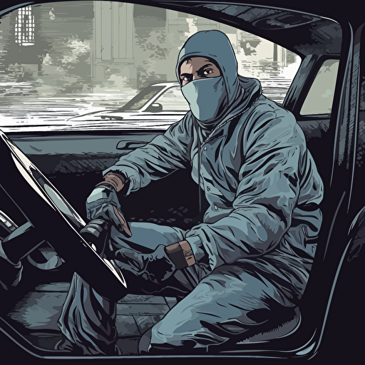 street level gangsta sat inside a stolen car, vector art