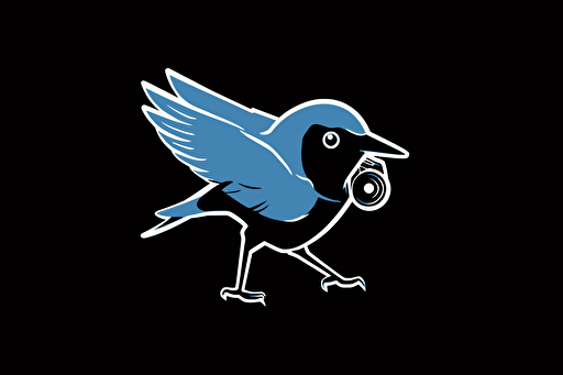 a swift bird carries a camera with its feet, vector logo, minimalist, simple, two color, blue, white, black