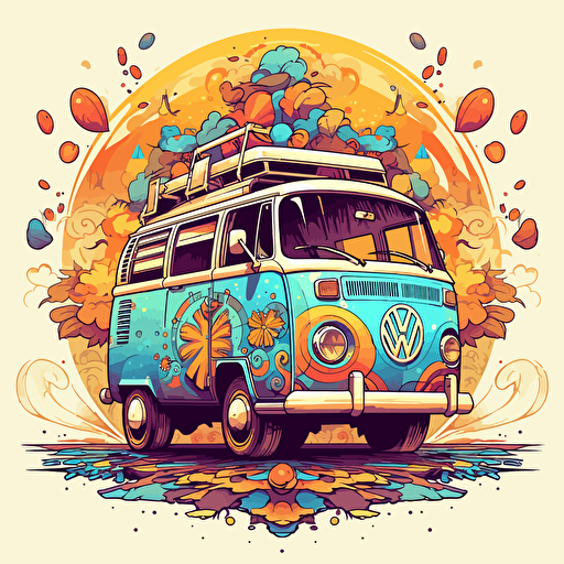 round up design with digital illustration of hippies 60s volkswagen van, magic world inspired by Studio Ghibli, vector illustration, intricate details, unreal engine, extremely high detailing, sharp, white background