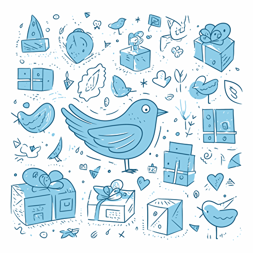 vector doodle minimalist, thinking ai, giftboxes and blue birds