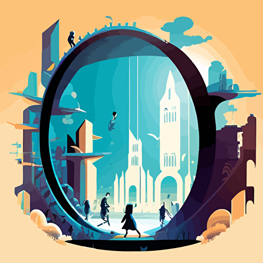 Vector art of a portal leading to a high tech futuristic city and children riding magical brooms entering the portal