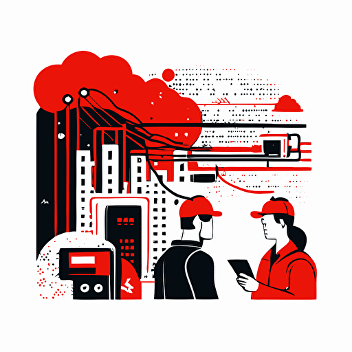 simple, flat, figma style illustration, illustrator, vector, black and white illustration on white background with dark red as decorative color in small area, fiber optic engineer communicate with customer together, happy client