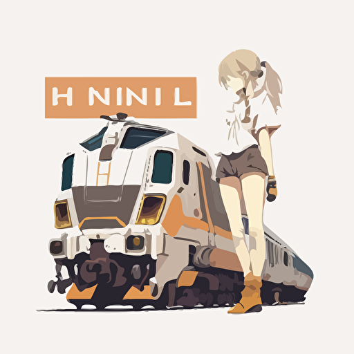 Anime style honkai and a train, minimalistic, flat, vector design, white background