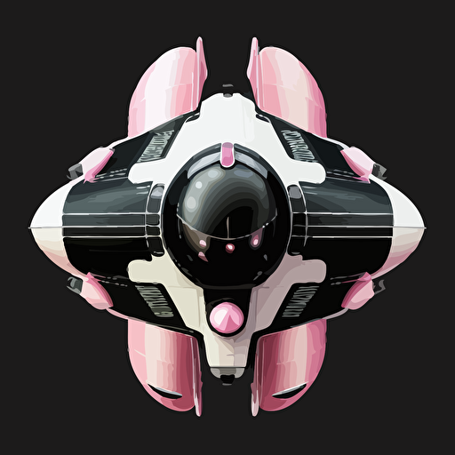 Pink and white space ship on black background, top-down view, clean, simple, no shadows, vector