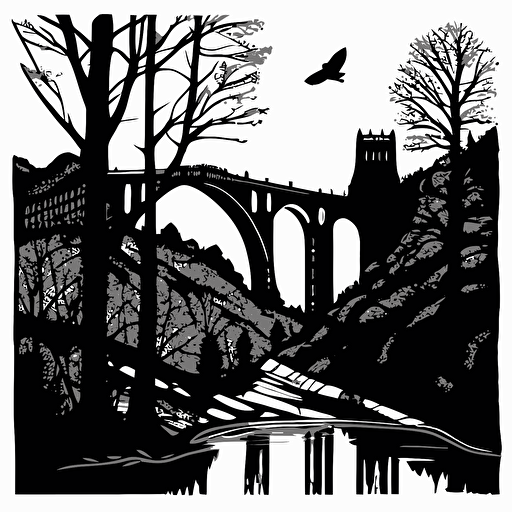 minimal vector scene from ironbridge shropshire, linocut style, black ink white background