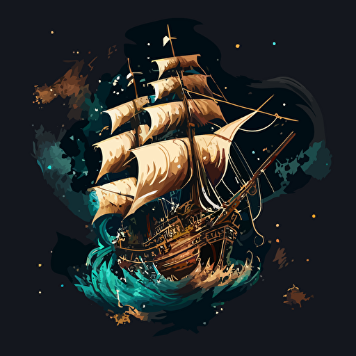 old wooden sailing ship blasting through outer space, vector