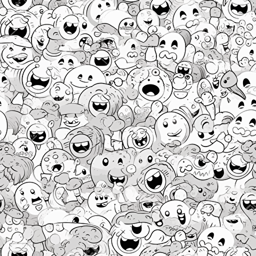 a seamless repeating pattern of stickers with laughing emojis, cartoon style, white background, black and white, vector art,