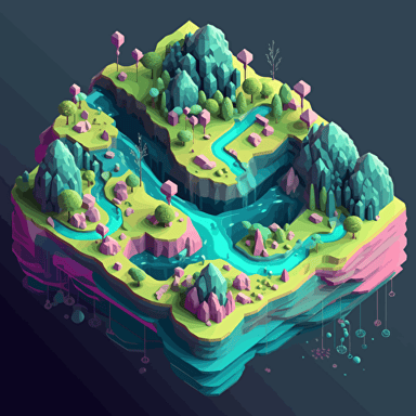 visualize isomorphic data mapping, isometric, vector shapes, nature terrain theme, magical theme