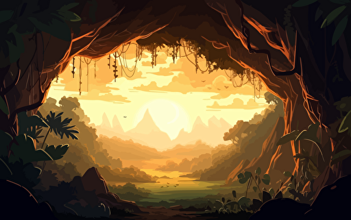 Looking out from the edge of a tropical cave, filled partially with vines and vegetation, looking out into a vast landscape of lush jungle trees covered in vines and leaves with mountain peaks in background with the sun shining through the clouds high quality cartoon style warm lighting early morning vibe vibrant dramatic lighting vector illustration