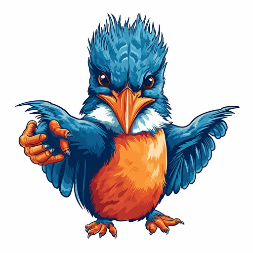 vector illustration of a human-like kingfisher with muscle arms who is pointing with the left arm to the camera, like a "we want you"-sign.