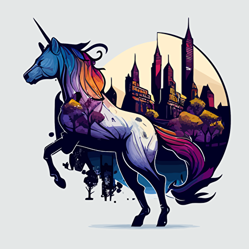 colrful unicorn walikg throug the bad part of a dark city, vector logo, vector art, emblem, simple cartoon, 2d, no text, white background