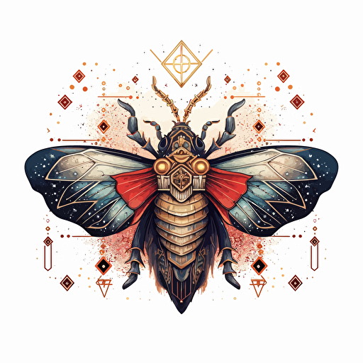 a beautiful moth with a surrounding celestial design in detailed drawing style + simple vector + bright colors on a white background