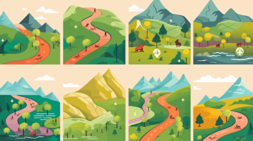 8 walking routes in a landscape. vector illustration.
