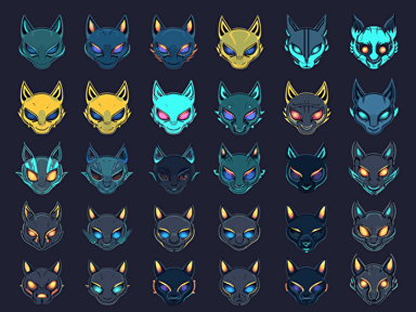 game sprite sheet of cyberpunk futuristic sci-fi masks for space-cats, collection sheet, 2d game sprite, asset store 2D flat cartoon drawing vector