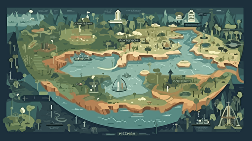 map of a foreign jungle planet, sparse civilization, mostly uninhabited, at least four natural landmarks and a crash site of a space ship, flat vector illustration