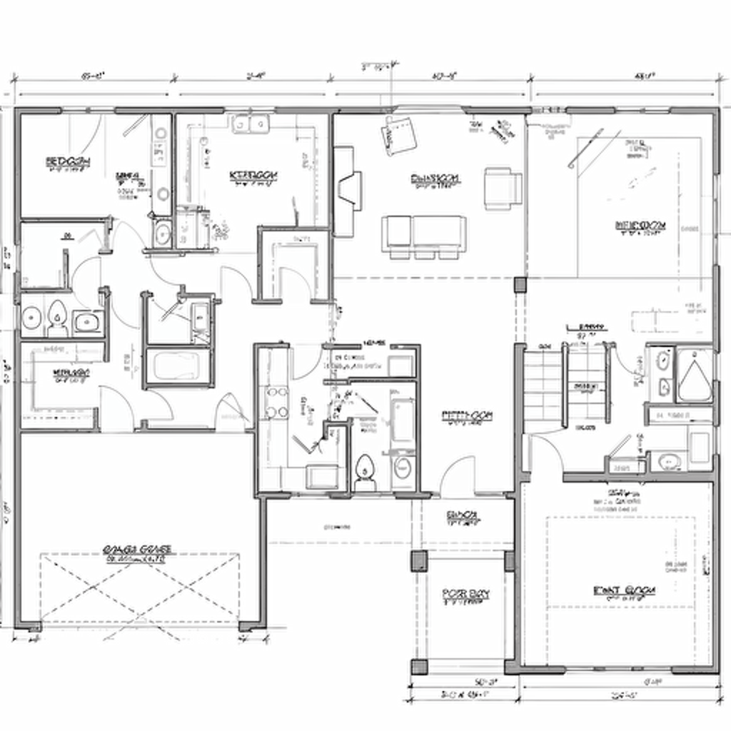 single family home floor plan only, CAD, 2D, simple vector drawing, 3 bedroom, 2 bath, 2 car garage, covered rear porch, black and white, accurate dimensions, code compliant