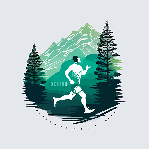 minimalist vector logo style pepole running in front of mountain pines blue and green