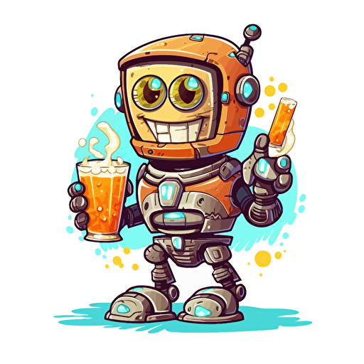 cute happy robot holding a beer, cartoon graffiti, vector, no background, surfer