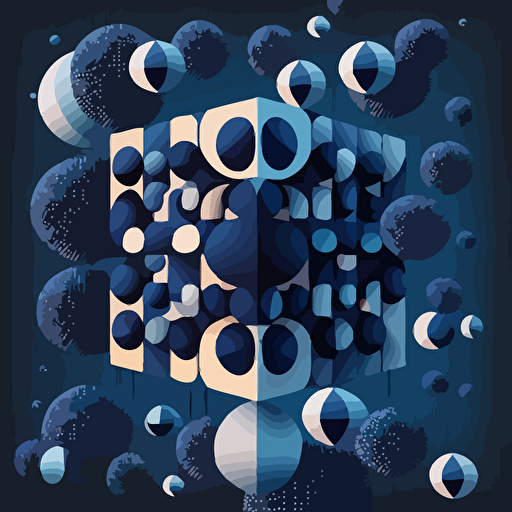 a stunning vector illustration showcasing the transformation between atoms and pixels, using a dark blue color palette and flat vectors. Emulate Vasarely's style by incorporating geometric shapes and patterns, while avoiding the use of shades and gradients. Experiment with various shapes and sizes to create an optical illusion that will capture the viewer's attention.
