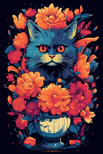 colorful svg vector drawing of vase full of flowers behind a a beautiful cat