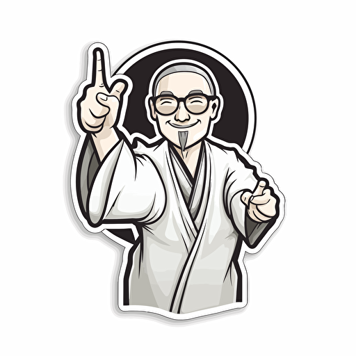 vector sticker, doodle, an asian guy waring black and white Taoist Robe and round black glasses, victory gesture, flat, white background, black outline, cartoon